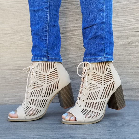 Shoes - Open Toe Laced Up Spring Cut Out Ankle Booties - P